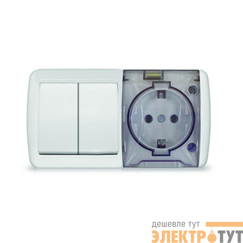Блок ОП Клио 2-кл. выкл. 10А + розетка 1-м 16А 250В с заземл. с прозр. крышкой бел. Universal К2239