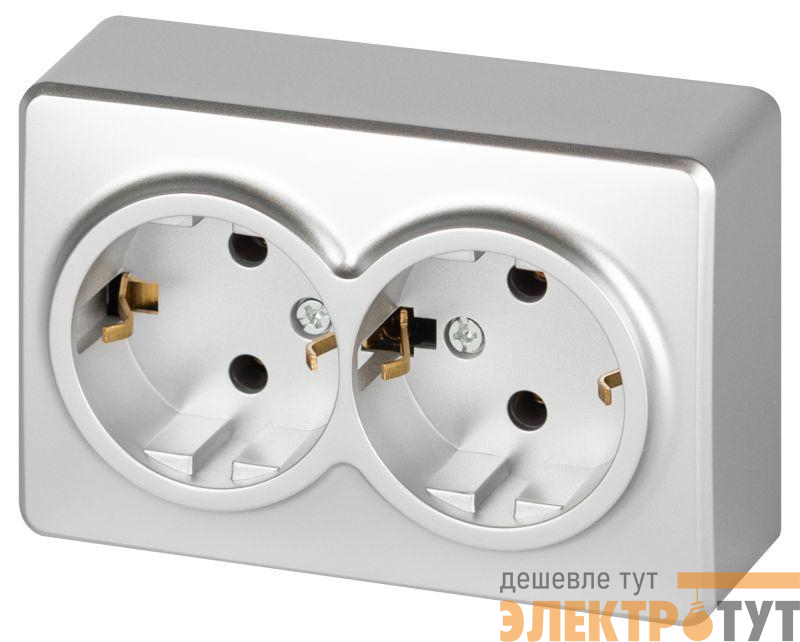 Розетка 2-м ОП Эксперт 11-2205-03 16А IP20 250В 2х2P+E Schuko с заземл. алюм. Эра Б0063046