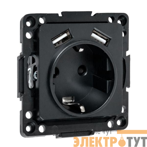 Розетка 1-м СП Стокгольм 16А USB 2A с заземл. защ. шторки винтов. клеммы механизм черн. EKF EZR16-2USB-typeA