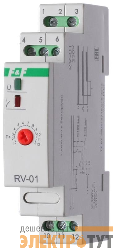 Реле времени RV-01 230В 16А задержка включ. 1..1200с 1перекл. IP20 монтаж на DIN-рейке F&F EA02.001.007