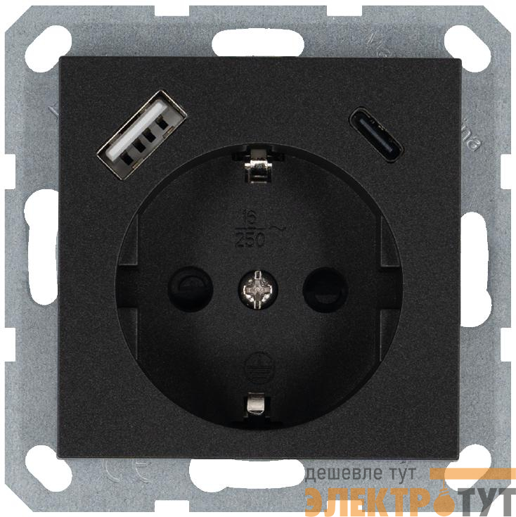 Розетка Shuko 16А с заземл. защ. шторки с 2-мя заряд. устройствами USB тип A+C 25Вт механизм антрацит Jasmart G5501USB-25B