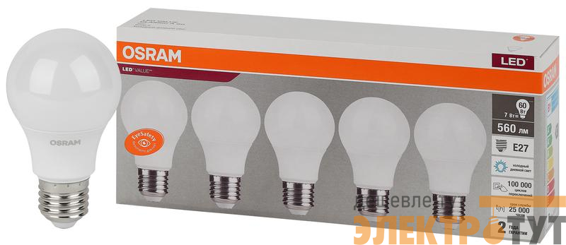 Лампа светодиодная LED Value LVCLA60 7SW/865 230В E27 2х5 RU (уп.5шт) OSRAM 4058075577688