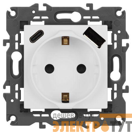 Розетка Elegance 14-4108-01М 16A 250В 2P+E защ. шторки с USB type-A+C 3А 5В матов. бел. Эра Б0067710