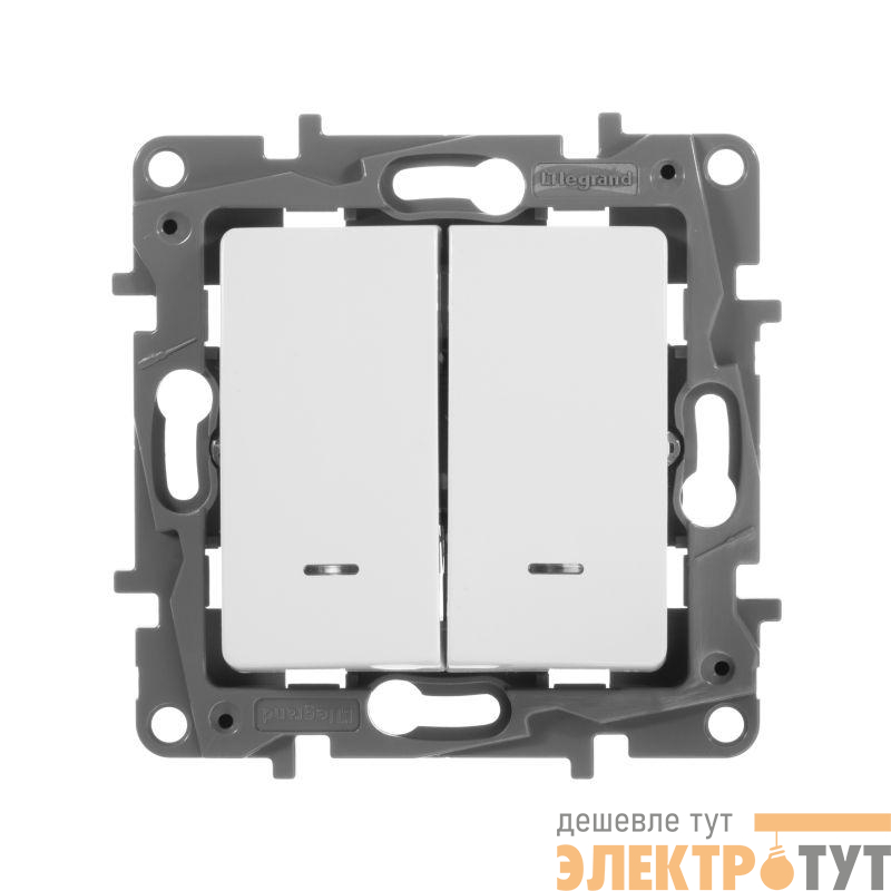 Выключатель 2-кл. СП Etika 10А IP20 250В 10AX с подсветкой/индикацией безвинтов. зажимы механизм бел. Leg 672204