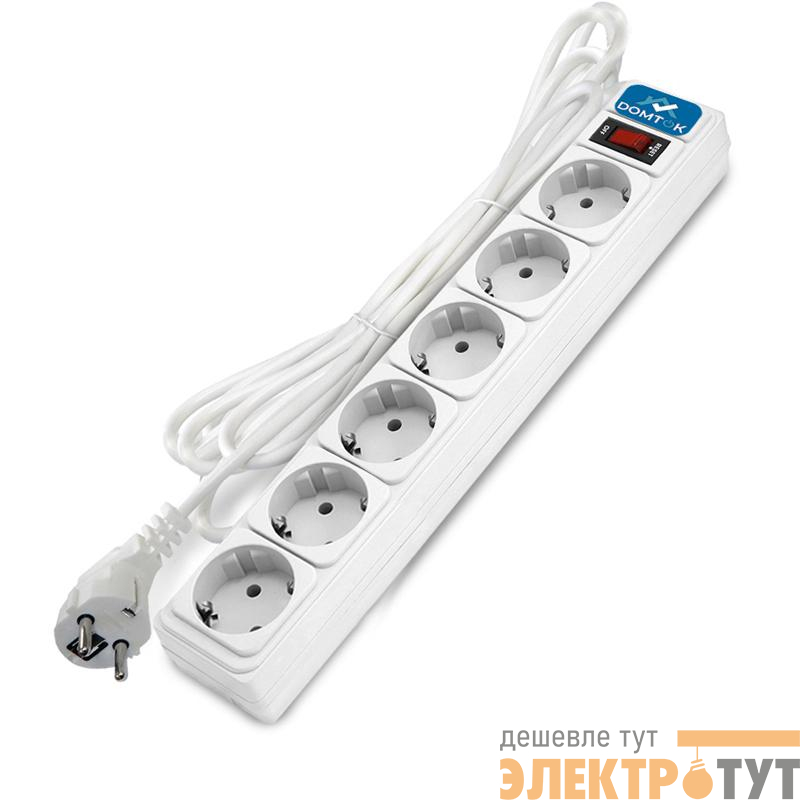 Удлинитель с сетевым фильтром 6х1.8м с заземл 10А IP20 2.2кВт ПВС 3х1 с выкл. бел. DOMTOK 2515
