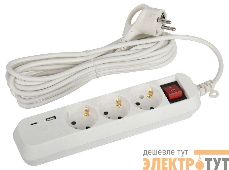 Удлинитель 3х5м с заземл. 10А 1xUSBA+1xUSBC с выкл. UB-3es-5m-USB Эра Б0052899