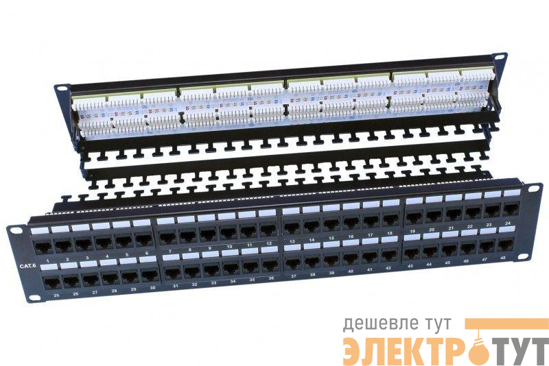 Патч-панель PP3-19-48-8P8C-C6-110D 19дюйм 2U 48 портов RJ45 кат.6 Dual IDC ROHS черн. (задн. каб. организат. в компл.) Hyperline 246108