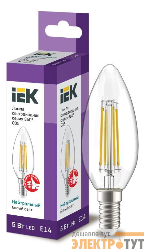 Лампа светодиодная филаментная 360° 5Вт C35 свеча 4000К E14 230В прозр. IEK LLF-C35-5-230-40-E14-CL