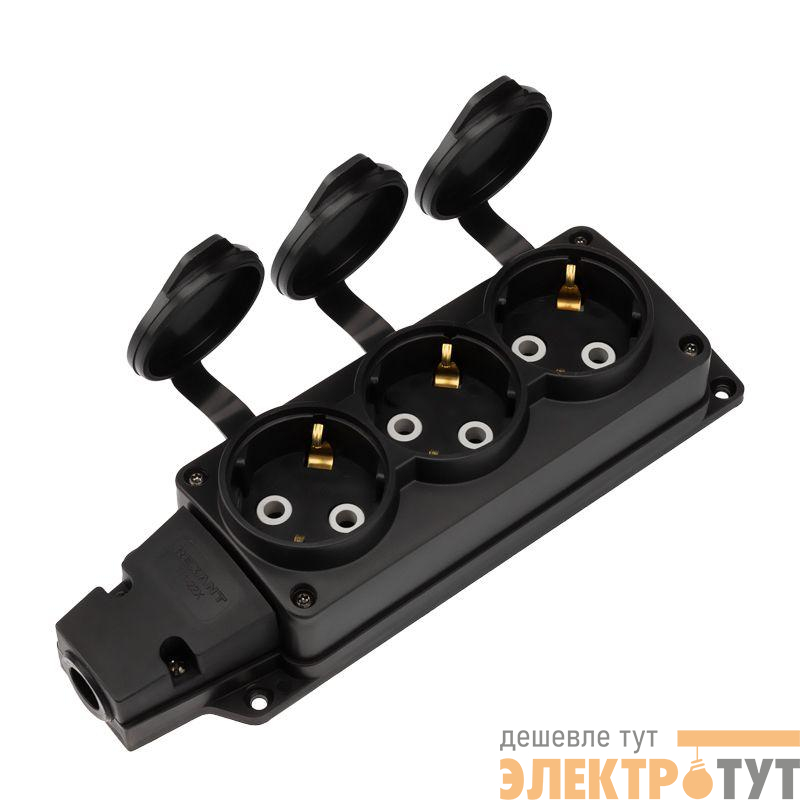 Колодка удлинителя 3-м с заземл. 16А IP54 влагозащ. с защ. крышкой COMPACT каучук черн. Rexant 111-223