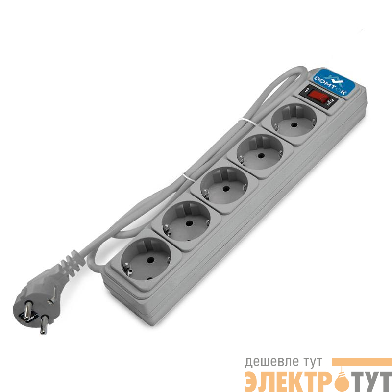 Удлинитель с сетевым фильтром 5х1.8м с заземл 10А IP20 2.2кВт ПВС 3х1 с выкл. сер. DOMTOK 2532