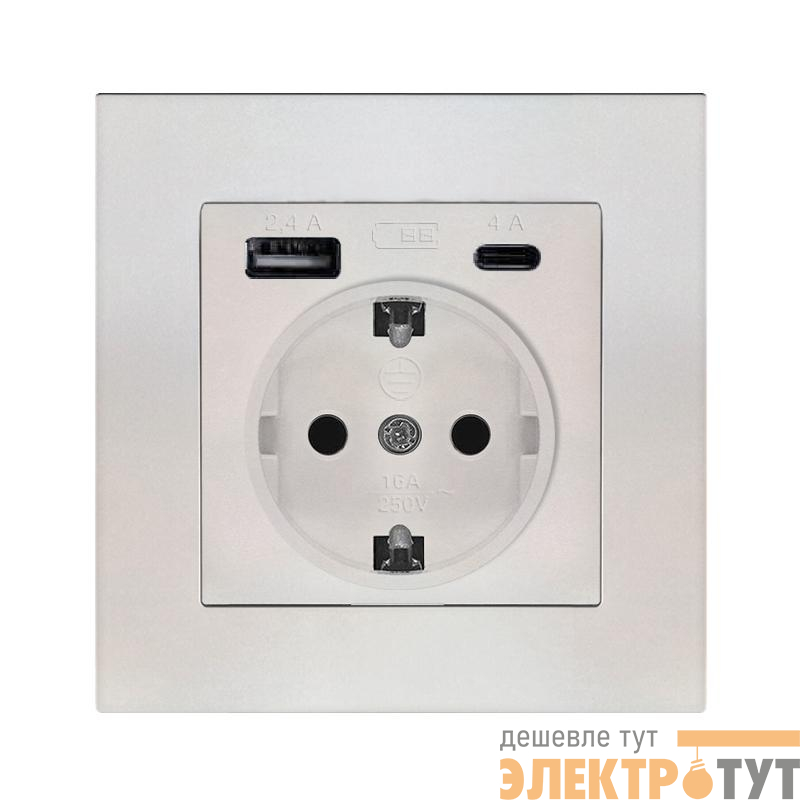 Розетка 2-м USB СП Афина тип А+С 5В 1х2.4А 2х4А механизм слон. кость (ivory) Universal A0059-I