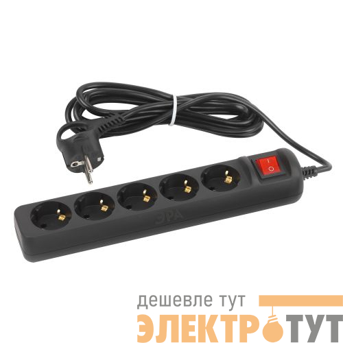 Удлинитель 5х1.5м с заземл. с выкл. ПВС 3х0.75 черн. UX-5es-1.5m-B Эра Б0057730