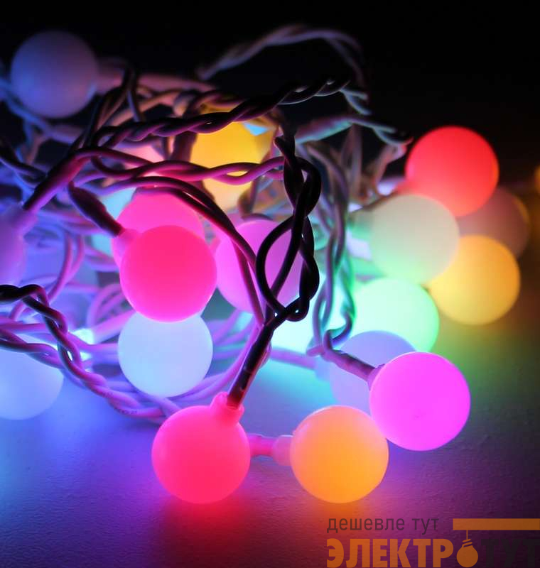 Гирлянда светодиодная 100LED Шарики 2.5см шнур 13м IP44 удлинение до 4шт. мигание мультиколор Космос KOC_GIR100BallRGB_IP изображение
