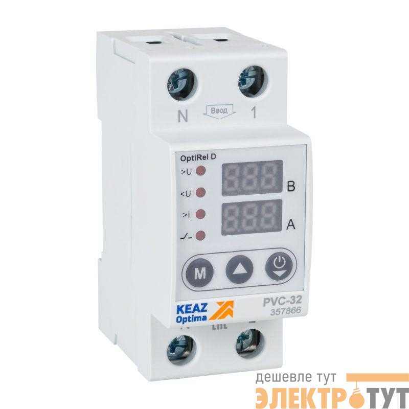 Реле напряжения OptiRel D PVС-32 с ЖК-дисплеем и контролем тока 32 А КЭАЗ 357866