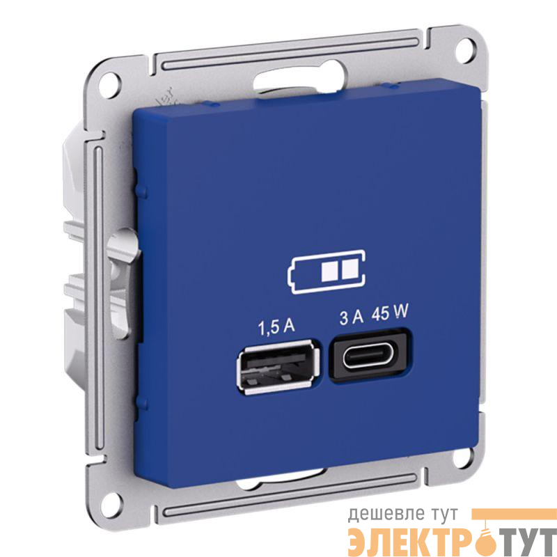 Розетка USB AtlasDesign тип A+C 45Вт высокоскор. ЗУ QC PD механизм аквамарин SE ATN001129