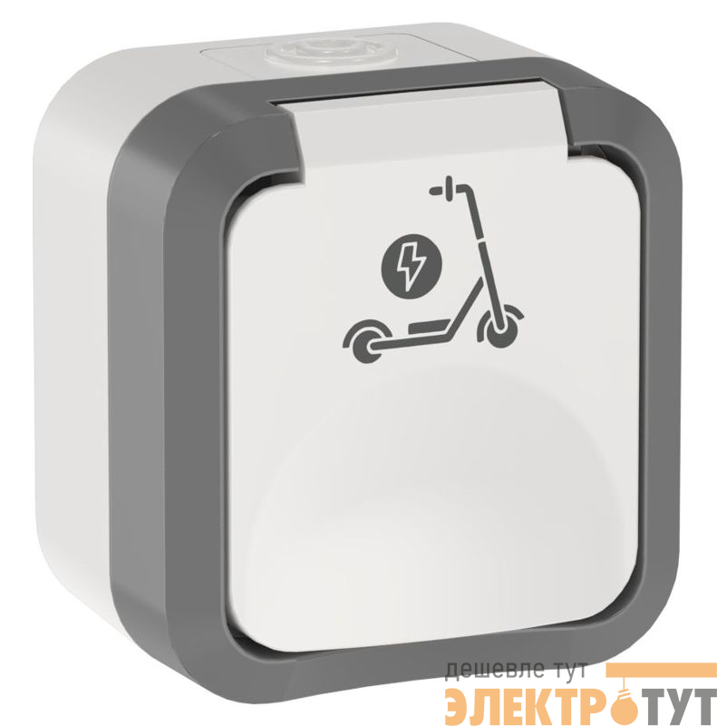 Розетка 1-м ОП TORS TS321 16А IP55 с заземл. защ. шторки с крышкой с иконкой самокат сер./бел. IEK TS-R110-16-55-K41