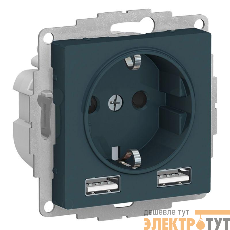 Механизм розетки 3-м СП AtlasDesign 16А IP20 с 2-мя заряд. устройствами USBA+A 5В/2.4А 2х5В/1.2А изумруд SchE ATN000830