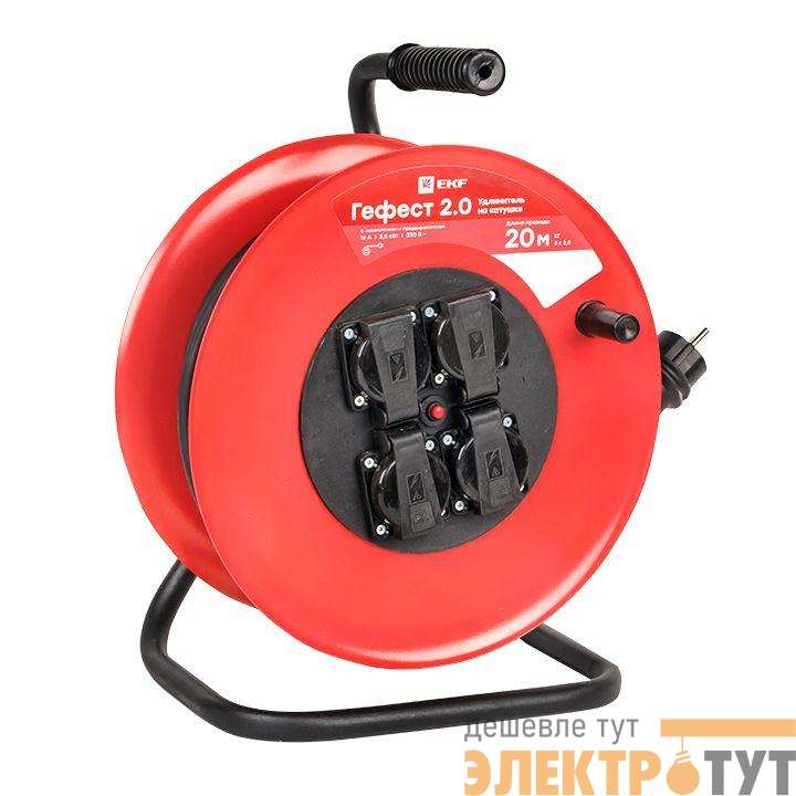 Удлинитель на катушке 4х20м с заземл. 16А IP44 Гефест 2.0 3.5кВт КГ 3х2.5 с предохранителем PROxima EKF UKG02-16-R325-4-20-IP44