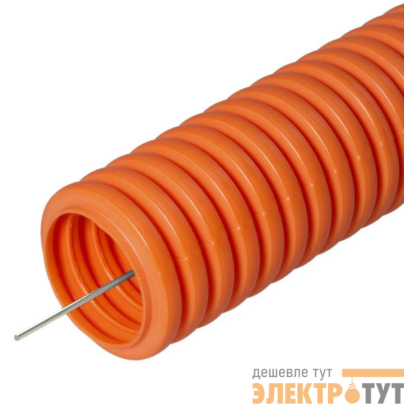 Труба гофрированная ПНД тяжелая d32мм с протяжкой 750 Н безгалоген. (HF) оранж. (уп.25м) Промрукав PR.023241о