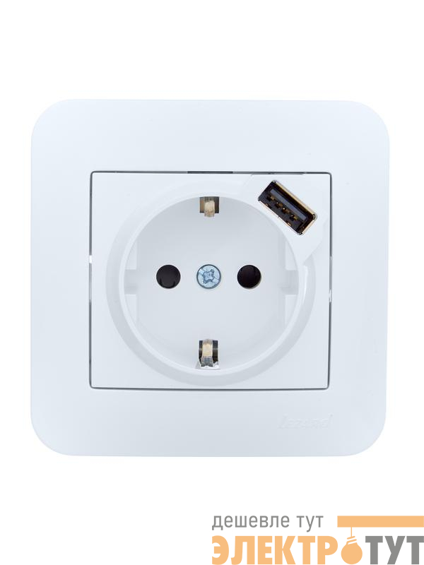 Розетка 1-м СП ASTI 16А IP20 с заземл. с заряд. устройством USB в сборе бел. LEZARD 7081-0202-181