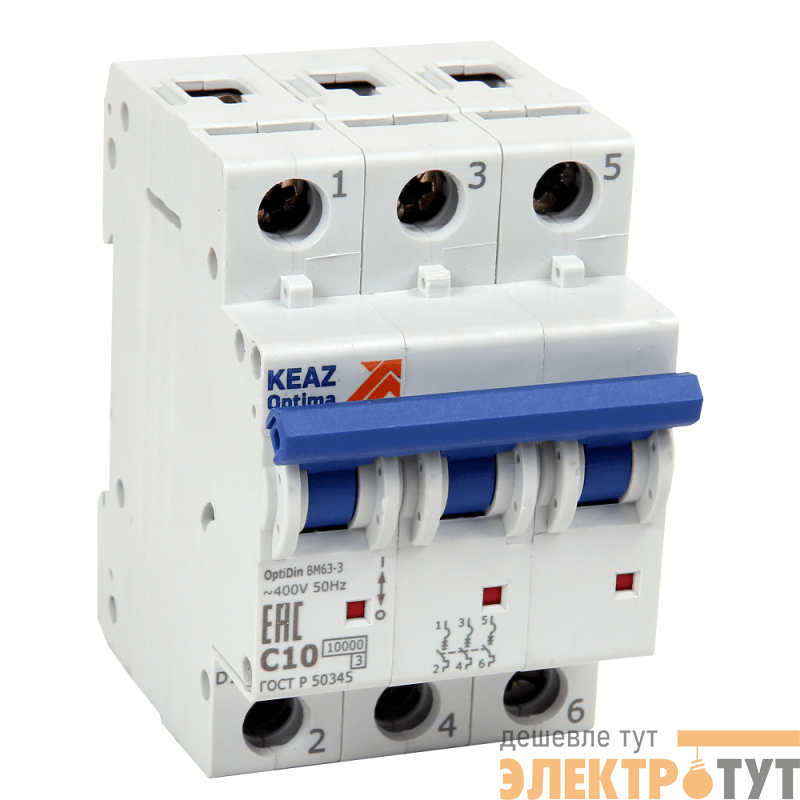 Выключатель автоматический модульный 3п C 6А 10кА OptiDin BM63-3C6-10-УХЛ3 КЭАЗ 249248