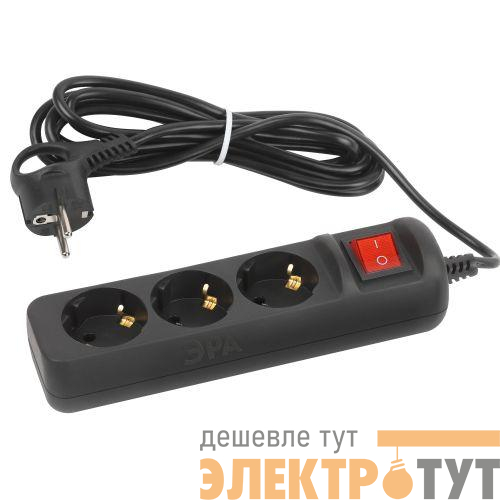 Удлинитель 3х3м с заземл. 10А с выкл. ПВС 3х0.75 черн. UX-3es-3m-B Эра Б0057728