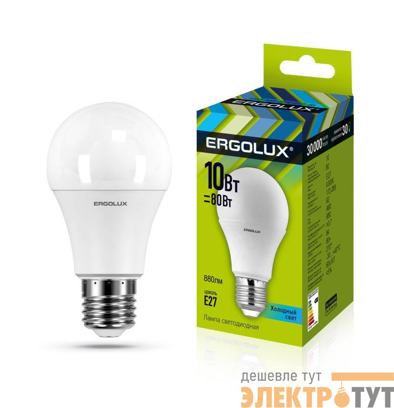 Лампа светодиодная LED-A60-10W-E27-4500K 10Вт грушевидная 4500К бел. E27 180-240В ЛОН Ergolux 12149