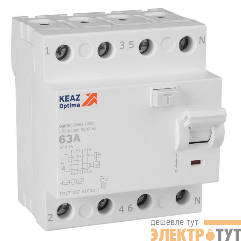 Выключатель дифференциального тока (УЗО) 4п 63А 100мА тип AC 4.5кА OptiDin DM63-4363 УХЛ4 КЭАЗ 343899