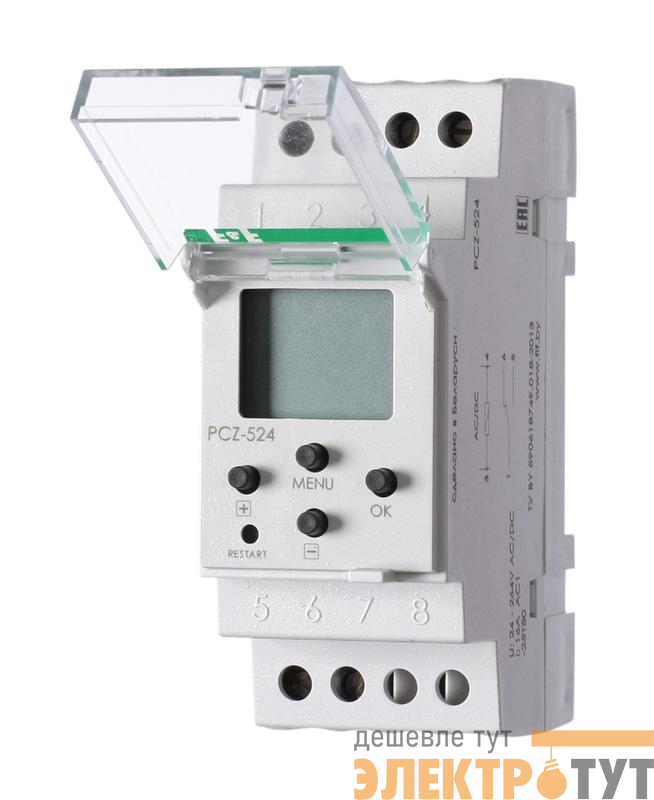 Реле времени астрономическое PCZ-524 24-264В AC/DC 16А 1 переключ. контакт IP20 1 канал F&F EA02.002.004