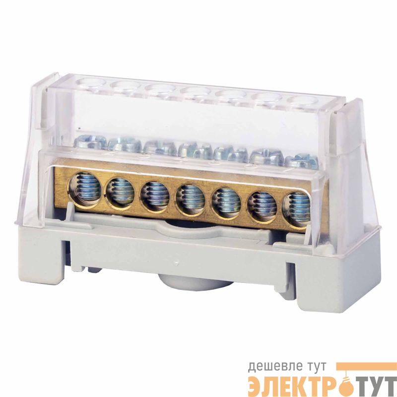 Шина 1п до 63А 5конт. 16кв.мм; 2конт. 25кв.мм латунь в корпусе на DIN-рейку сер. DKC 507F