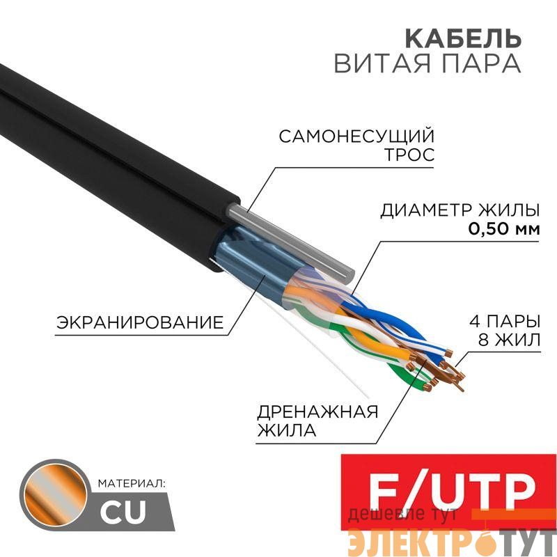Кабель витая пара F/UTP кат.5e 4х2х24AWG solid PE OUTDOOR трос черн. (м) Rexant 01-0144