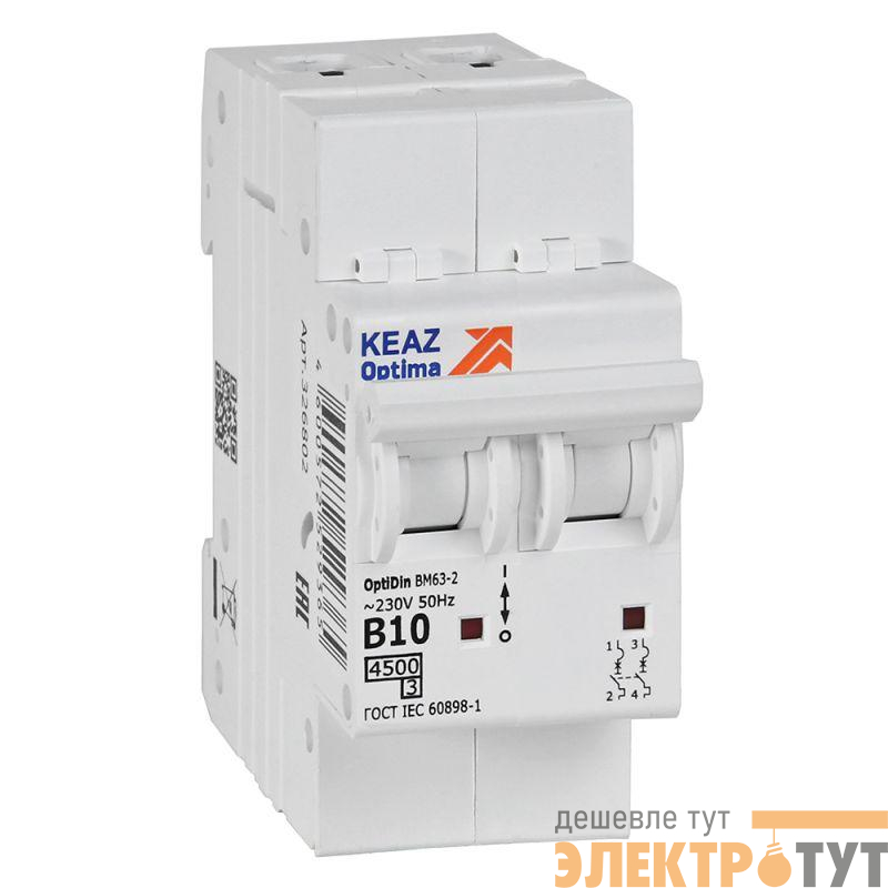 Выключатель автоматический модульный 2п B 10А 4.5кА OptiDin BM63-2B10-4.5-УХЛ3 КЭАЗ 329509