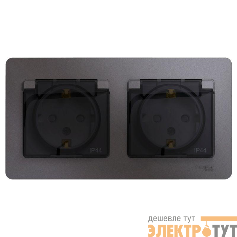 Розетка 2-м СП 2мод. Glossa 16А IP44 с заземл. защ. шторки в сборе графит SE GSL001347