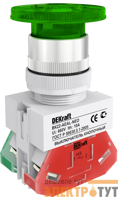 Выключатель кнопочный "Грибок" AELA ВК-22 d22мм 220В неон зел. DEKraft 25029DEK