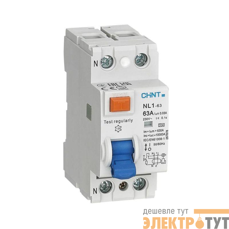 Выключатель дифференциального тока (УЗО) 2п 63А 100мА тип AC-S NL1-100 10кА (R) CHINT 200420