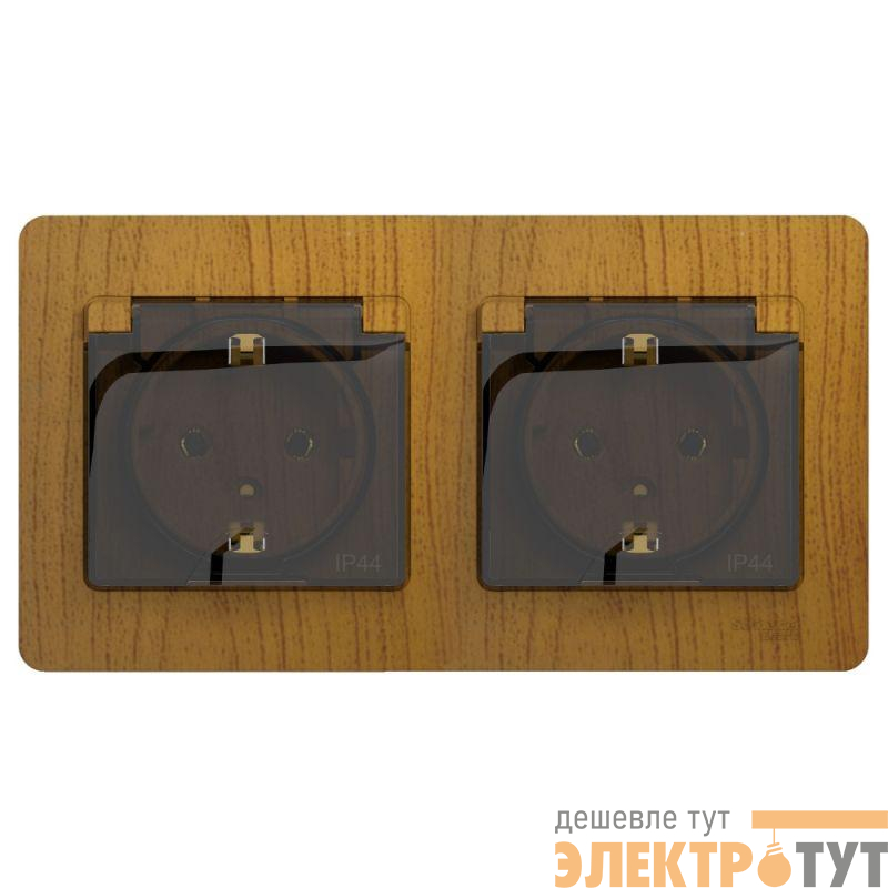 Розетка 2-м СП 2мод. Glossa 16А IP44 с заземл. защ. шторки в сборе дерево дуб SE GSL000547