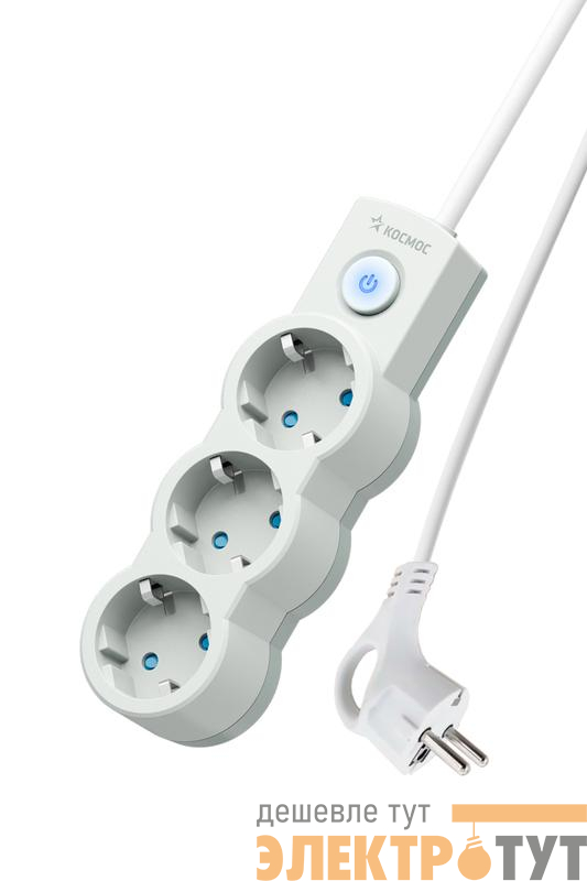 Удлинитель 3х5м с заземл. 10А IP20 2200Вт 220В защ. шторки ПВС 3х1 с выкл. бел. КОСМОС YKsm5m-3g-Z-V10A-W