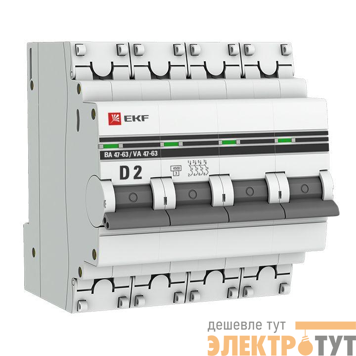 Выключатель автоматический модульный 4п D 2А 4.5кА ВА 47-63 PROxima EKF mcb4763-4-02D-pro